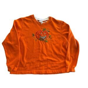 VTG Halloween Sweatshirt Womens XL 24x25 Pumpkin Jack O Lantern Crewneck Orange